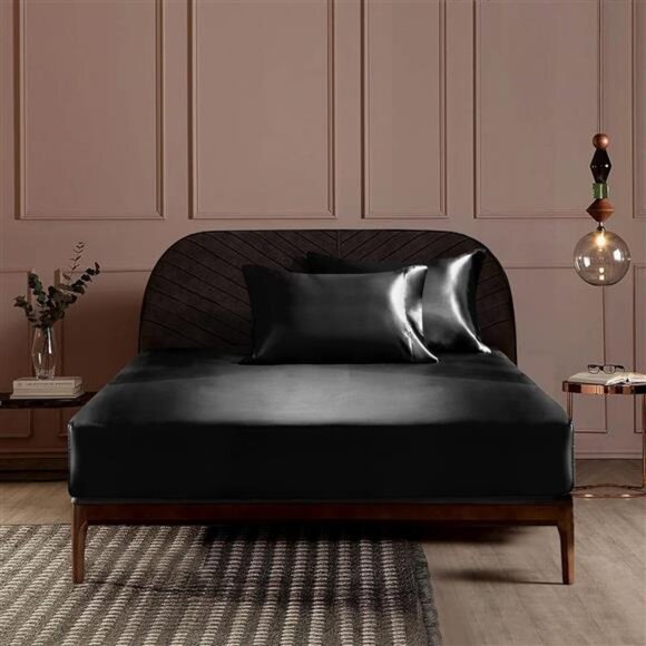 Satin Sheets Queen Size - 4 Piece Black Bed Sheet Set with Silky Microfiber - Picture 2 of 7